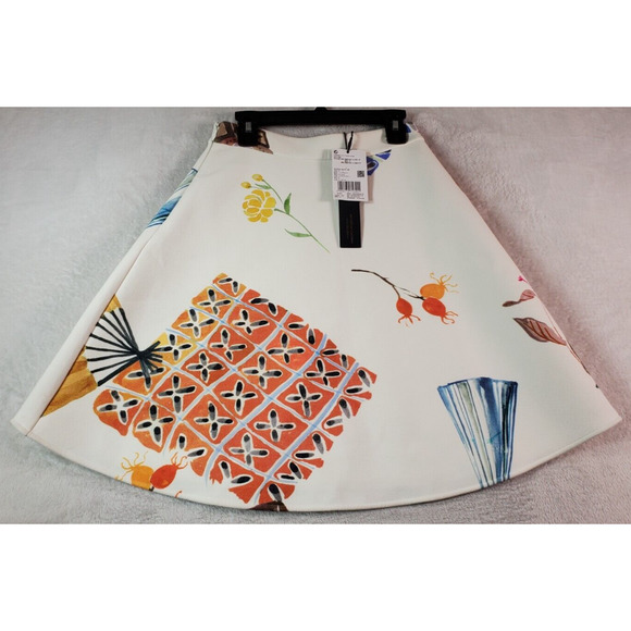 Ochirly A Line Skirts Womens Size 0 Multi White‎ Floral Knit Side Zipper Casual - Picture 1 of 7